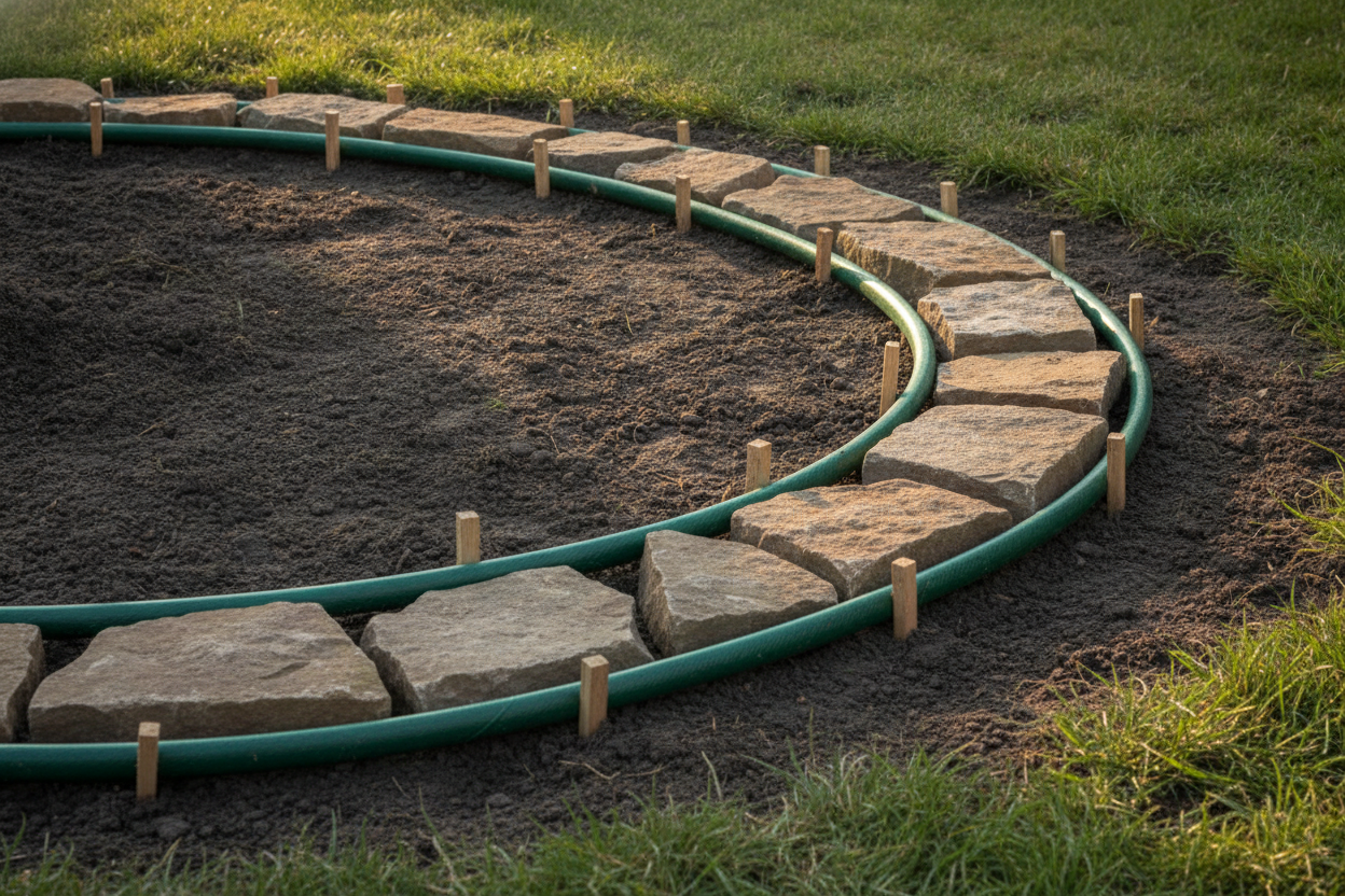 Tuyau d'arrosage souple posé au sol pour guider le tracé d'une bordure de jardin en pierre courbe.