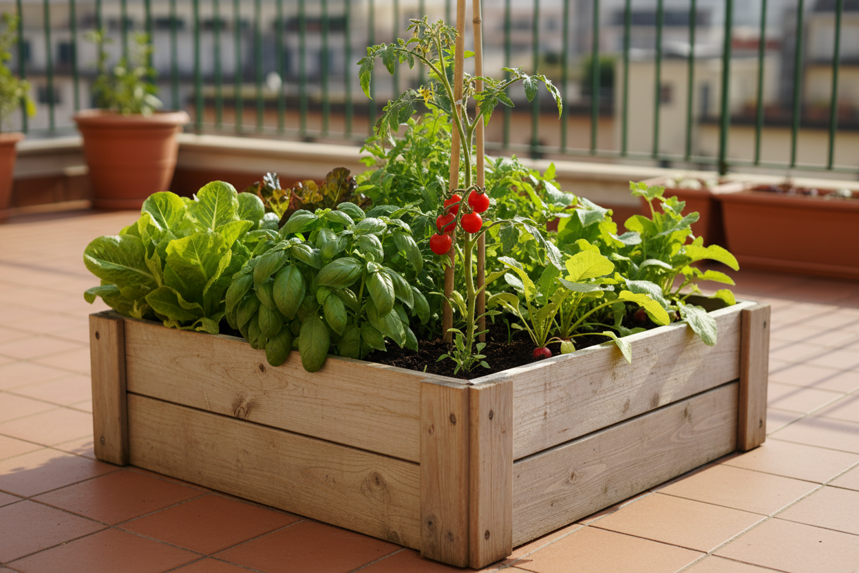 Carré potager en bois sur terrasse avec tomates cerises, basilic, laitue et radis bien développés.