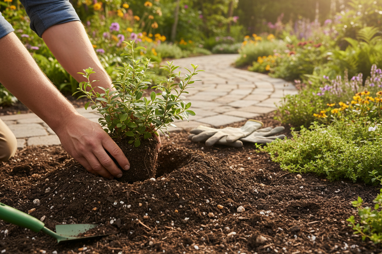 Paysagiste plantant une essence rustique dans un sol amendé au cœur d'un jardin éco-responsable aménagé.