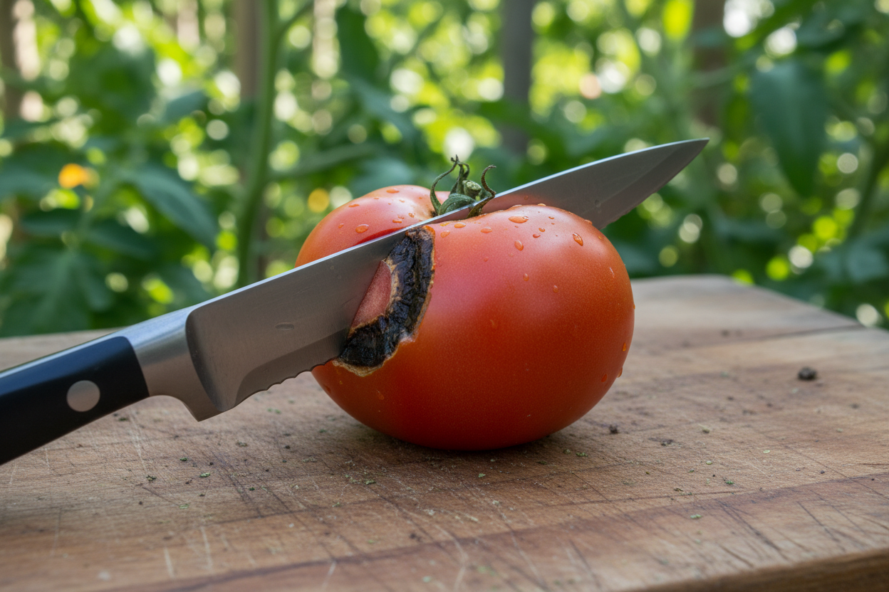 Tomate avec cul noir coupée sur une planche en bois, révélant la chair saine après retrait de la partie abîmée.