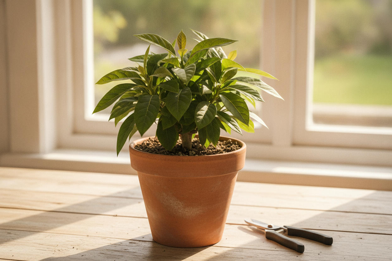 Jeune avocatier touffu en pot près d'une fenêtre ensoleillée, après un pincement pour densifier le feuillage.