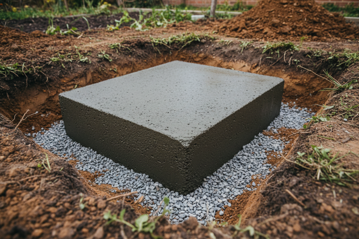 Semelle béton fraîchement coulée dans une tranchée de jardin, servant de fondation pour un mur de soutènement.