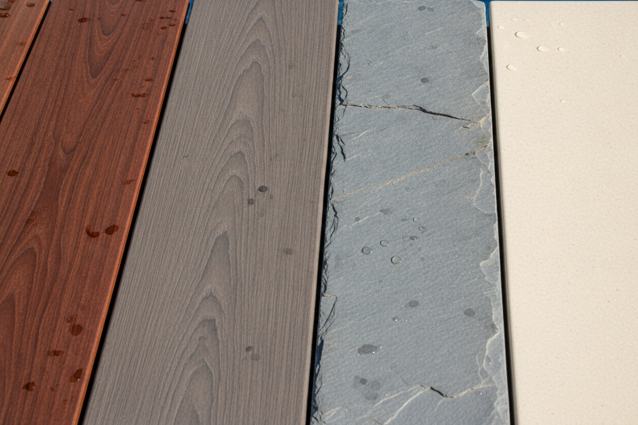 Échantillons de matériaux pour terrasse de piscine : bois exotique, composite, pierre et résine comparés côte à côte.