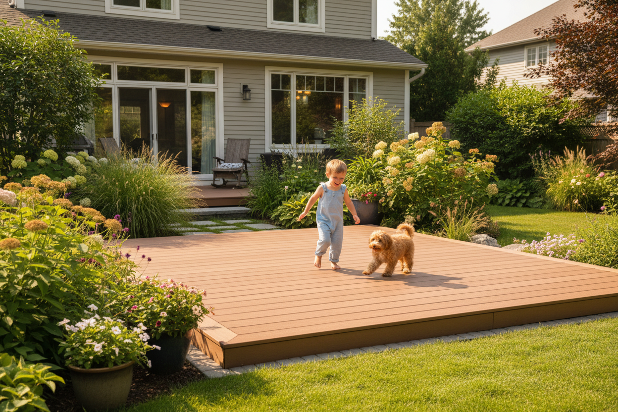 Terrasse mobile de piscine fermée assurant la sécurité des enfants et animaux dans un jardin ensoleillé.