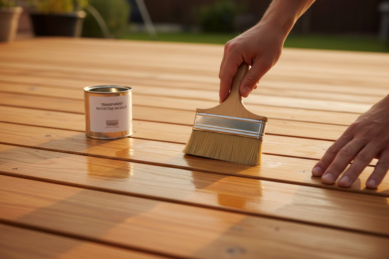 Application d'un saturateur protecteur sur une terrasse en bois propre après nettoyage, au pinceau.