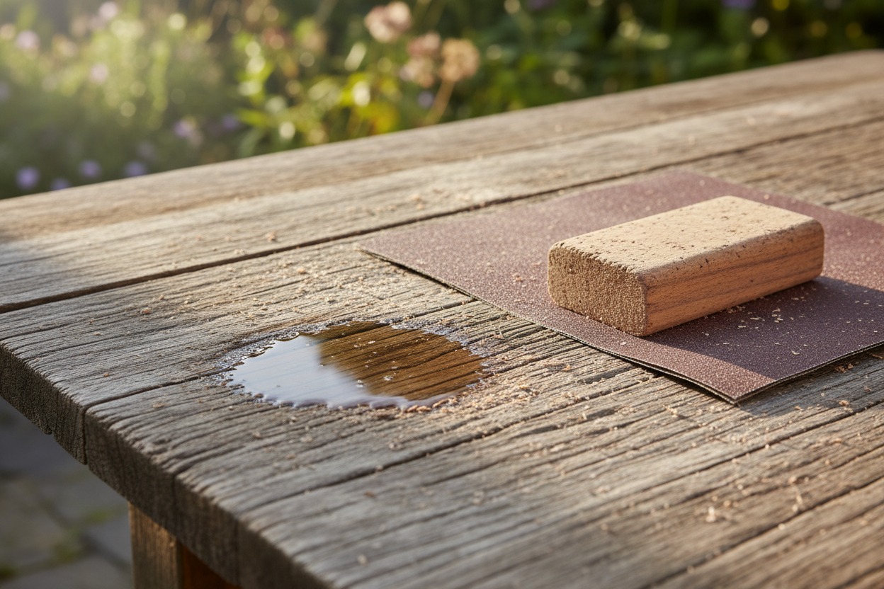 Surface en bois extérieur poncée et testée à l'eau avant application d'un produit de protection.