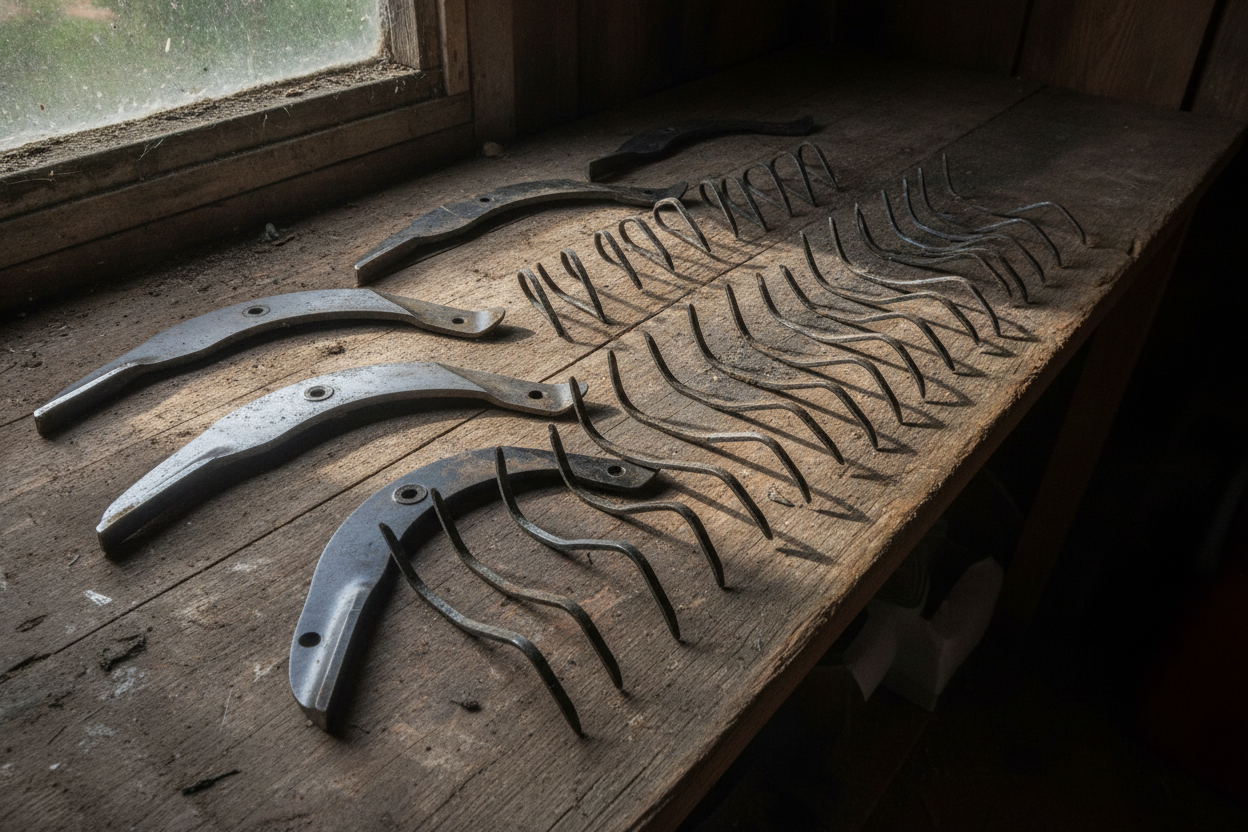 Lames et griffes en acier de scarificateur et tondeuse comparées sur un établi en bois dans un atelier de jardin.