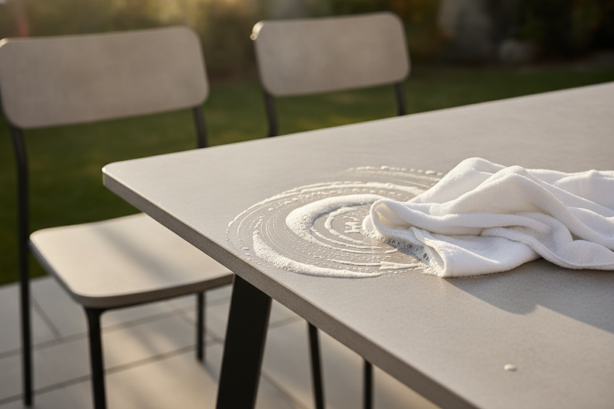 Nettoyage d'une table de jardin en céramique avec un chiffon doux sur une terrasse ensoleillée.