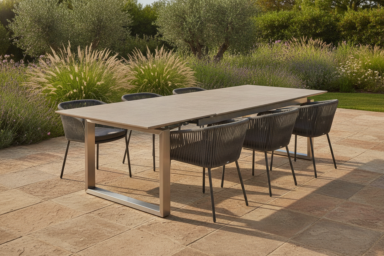 Table extérieure céramique extensible avec structure aluminium sur une terrasse ensoleillée et bien aménagée.