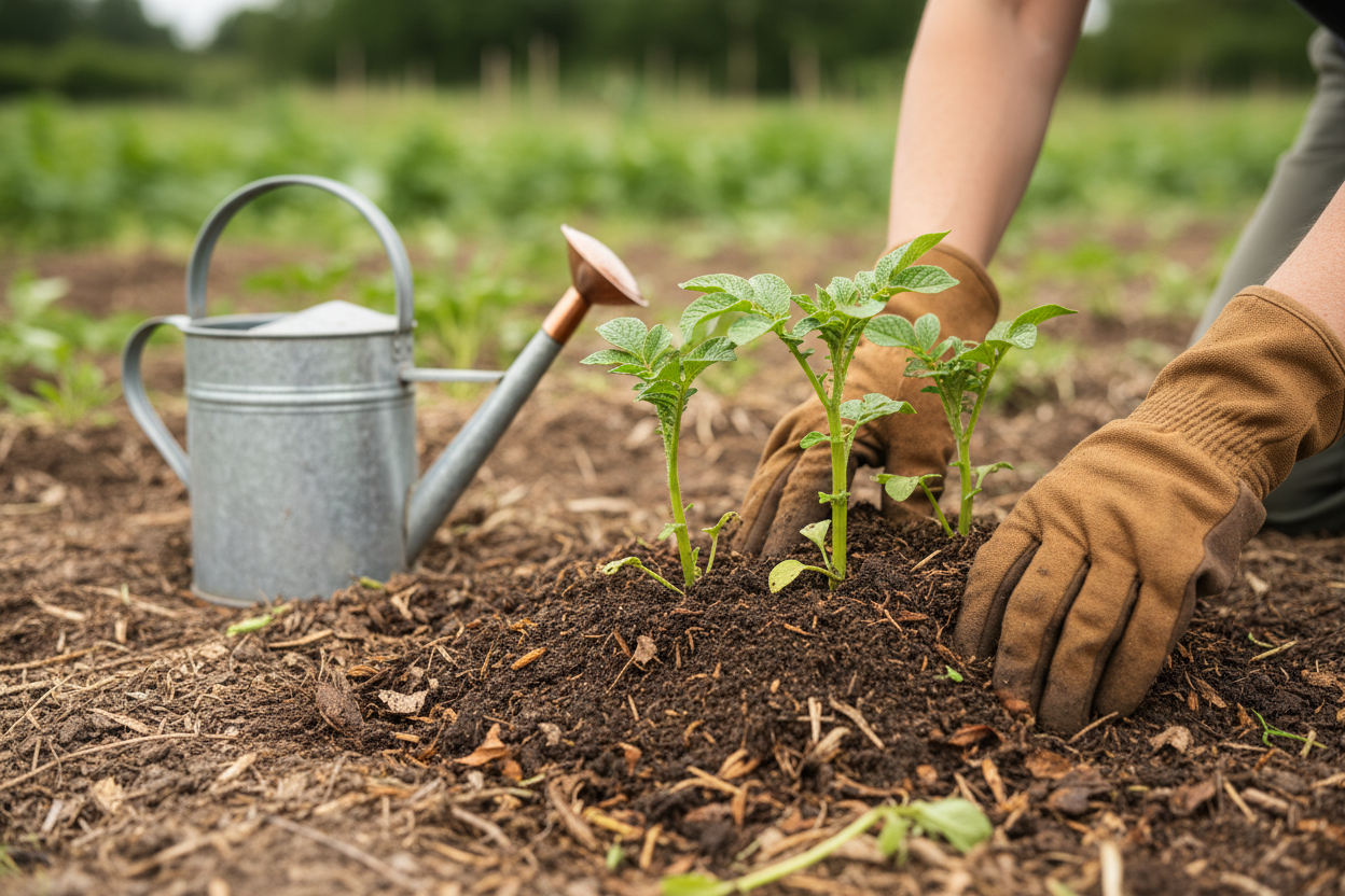 Mains gantées buttant des plants de pommes de terre bio dans un potager au sol riche en compost.