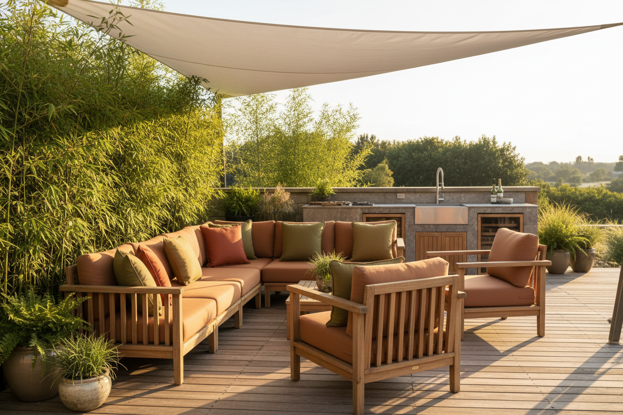 Terrasse aménagée avec mobilier en teck, voile d'ombrage moderne et cuisine extérieure intégrée entourée de végétation.