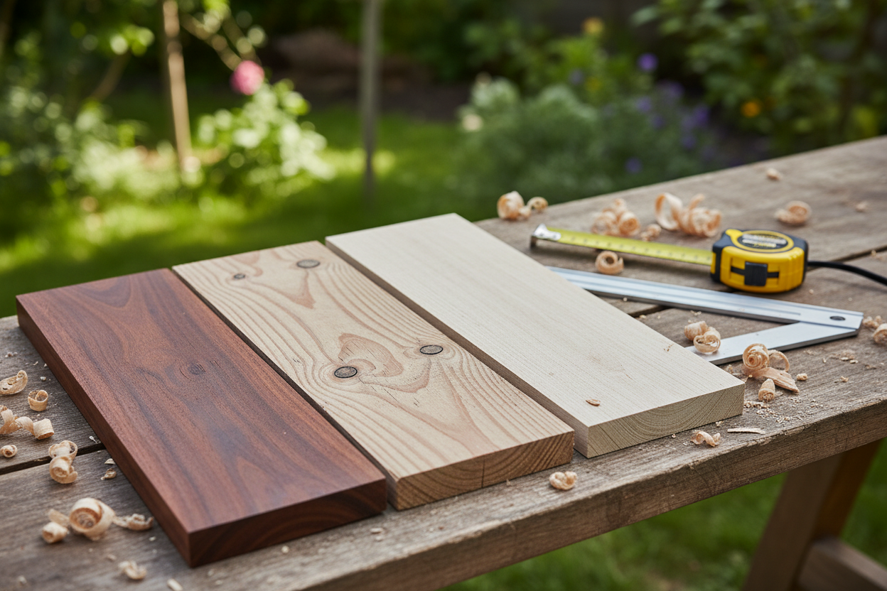 Échantillons de différentes essences de bois pour terrasse comparées sur un établi de charpentier en extérieur.