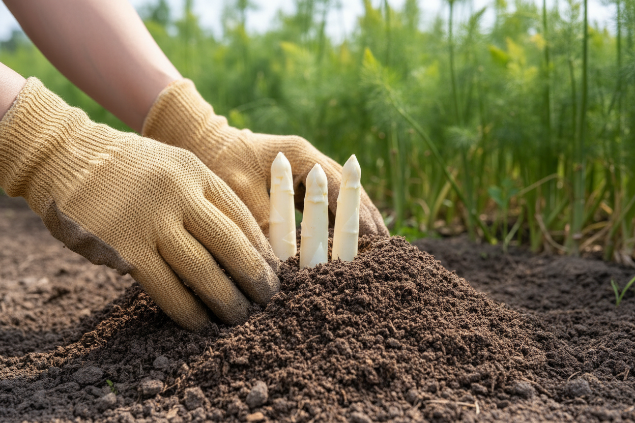 Mains gantées qui buttent un rang d'asperges blanches avec de la terre fine dans un potager ensoleillé.