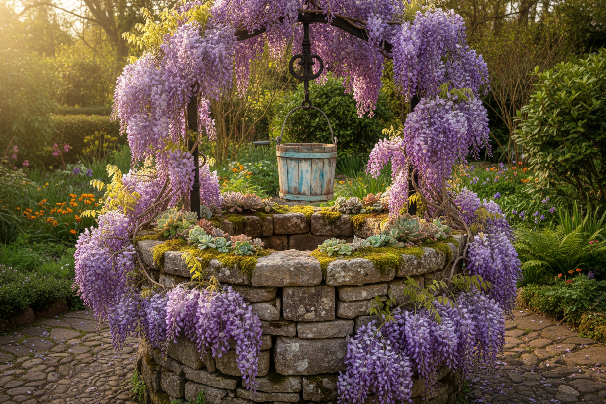 Vieux puits en pierre sublimé par une glycine en fleurs, mousse et succulentes disposées sur le rebord.