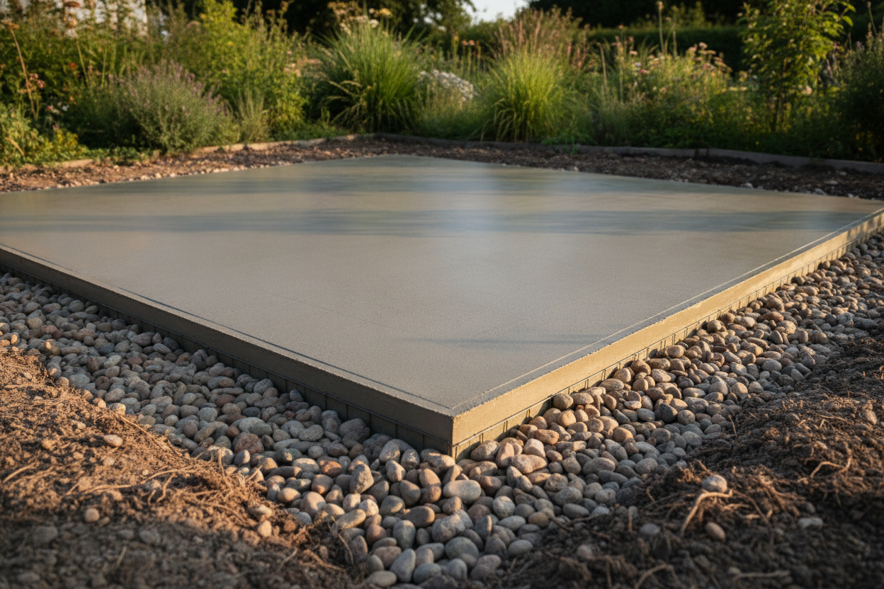 Dalle en béton armé posée en extérieur dans un jardin, entourée de gravier compacté, prête à accueillir un spa.