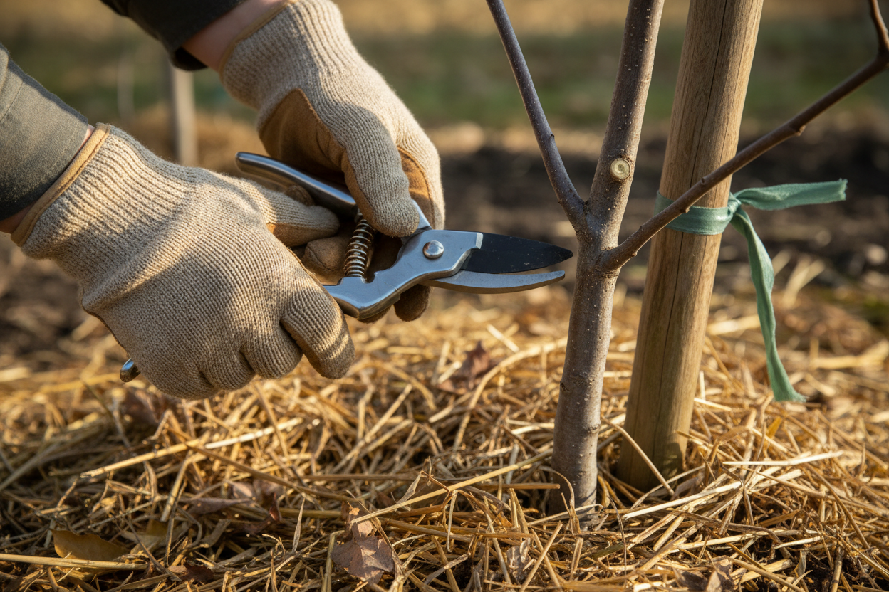 Taille soignée d'un jeune pommier en hiver avec sécateur, paillage de paille au pied de l'arbre.