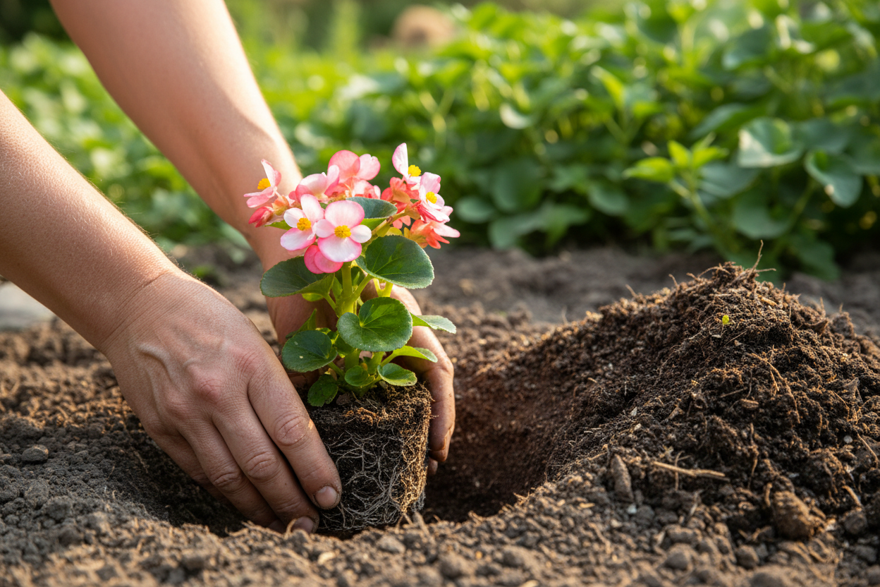 Mains de jardinier plaçant délicatement un plant fleuri dans un trou creusé dans la terre.
