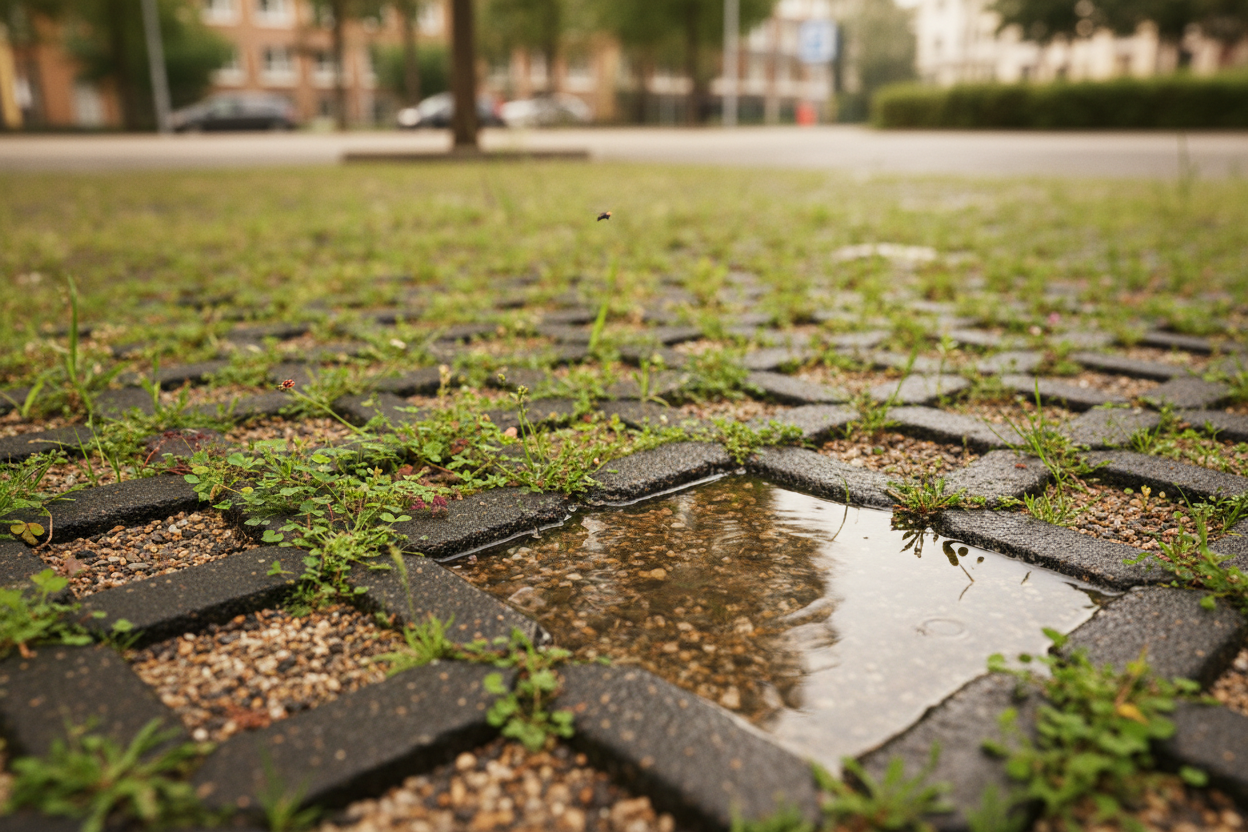 Eau de pluie s'infiltrant naturellement à travers une chaussée végétale perméable favorisant la biodiversité urbaine.
