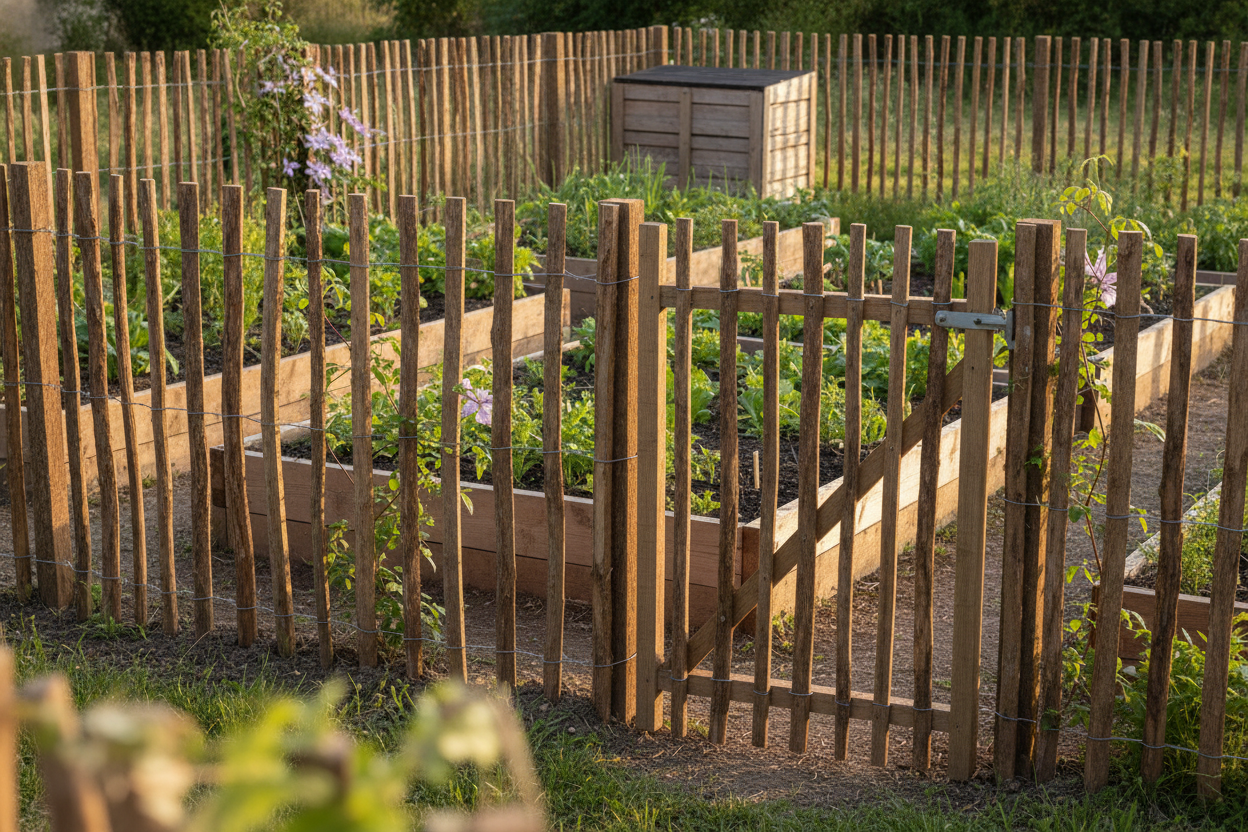 Clôture en ganivelle de châtaignier entourant un potager verdoyant avec portillon en bois naturel.