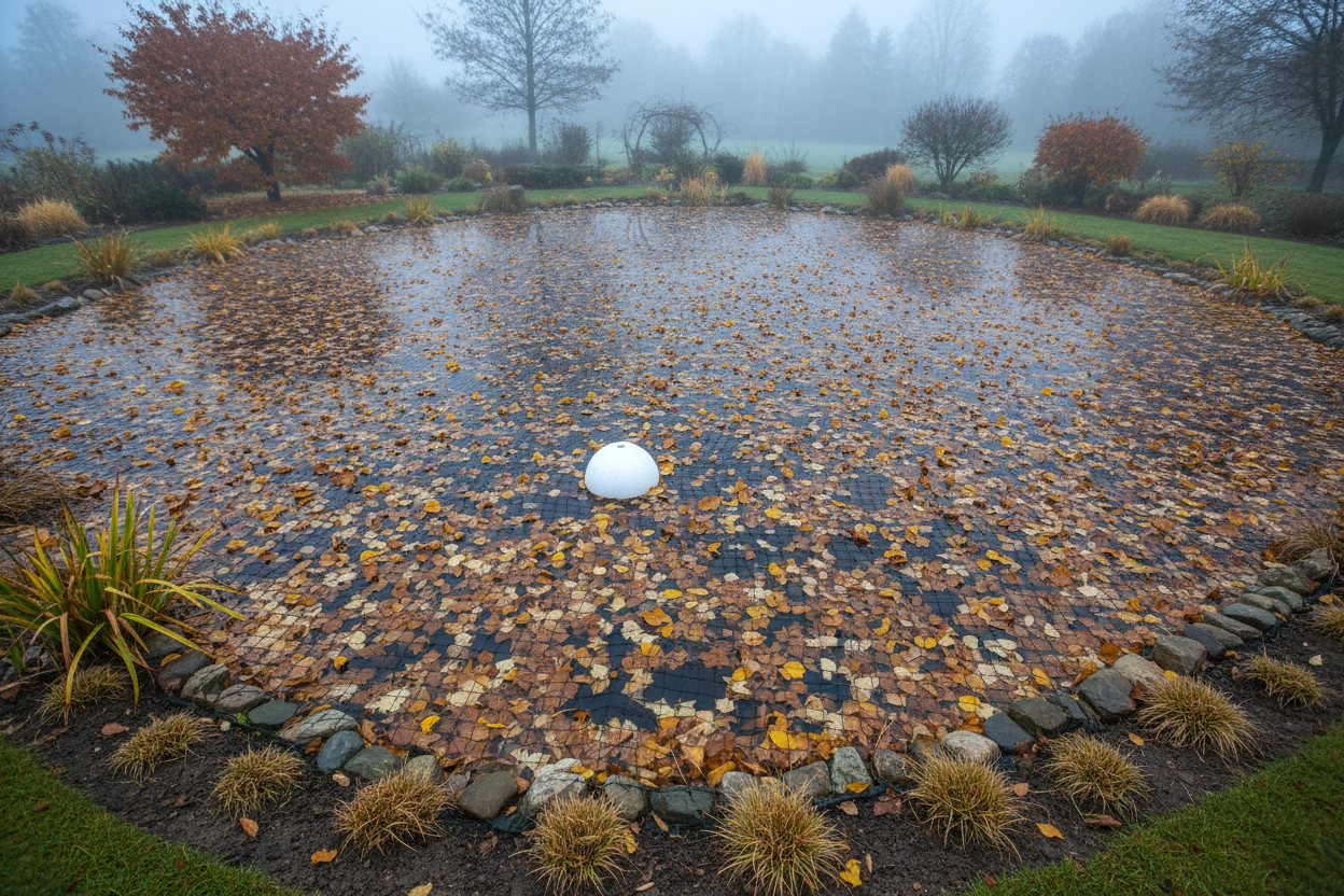 Filet de protection tendu sur un bassin de jardin en automne avec une cloche anti-gel flottante.