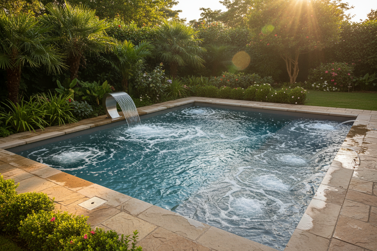 Petite piscine de jardin équipée d'une nage à contre-courant et d'une banquette de balnéothérapie avec jets massants.