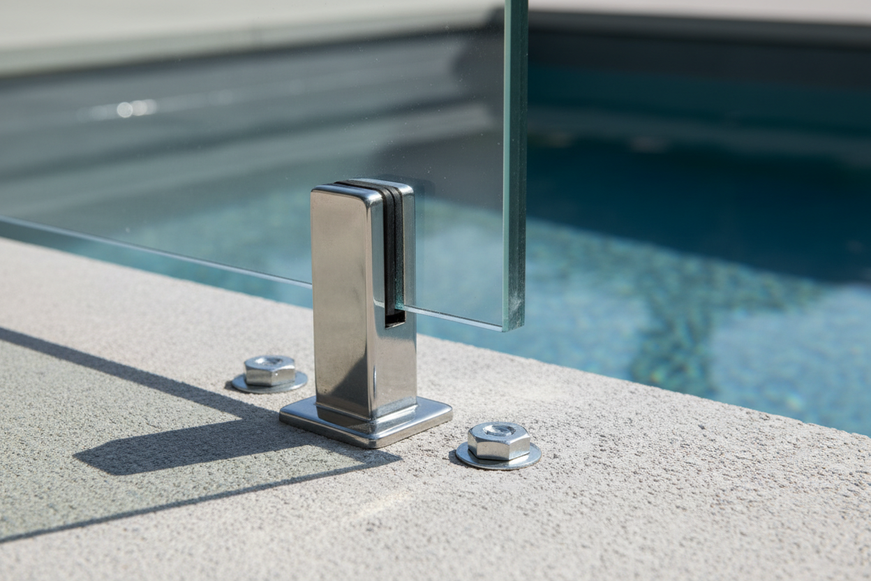 Fixation en inox serrant un panneau de verre trempé ancré dans une dalle béton en bordure de piscine.
