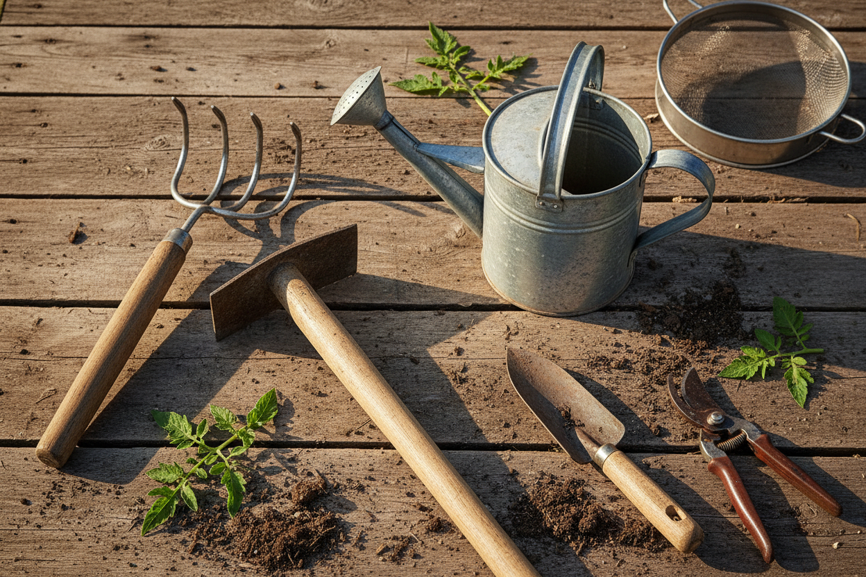 Ensemble d'outils de jardinage indispensables posés sur une surface en bois rustique éclairée à la lumière naturelle.