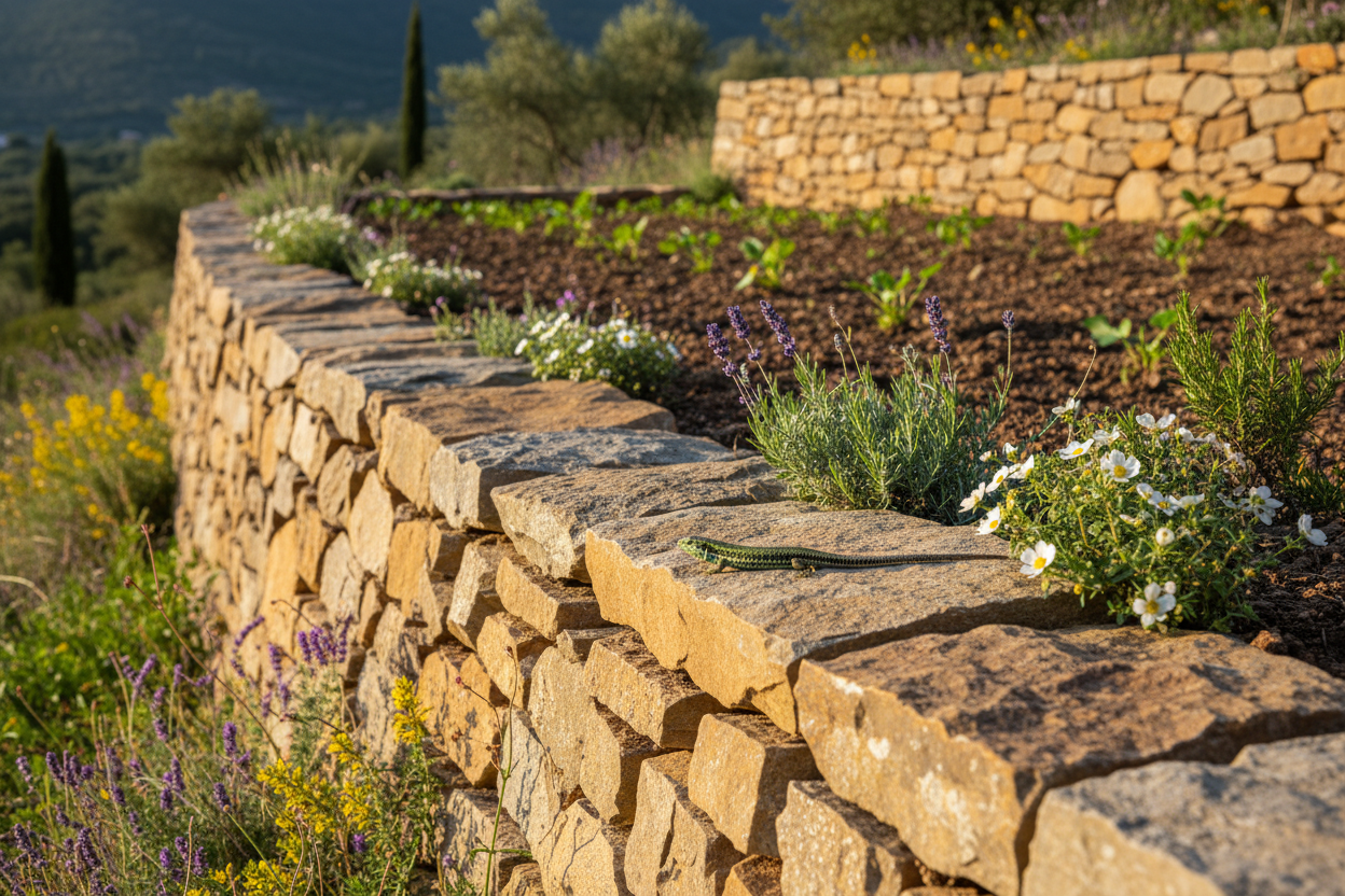 Lézard posé sur un mur en pierre sèche méditerranéen, avec fleurs sauvages dans les anfractuosités retenant la terre fertile.