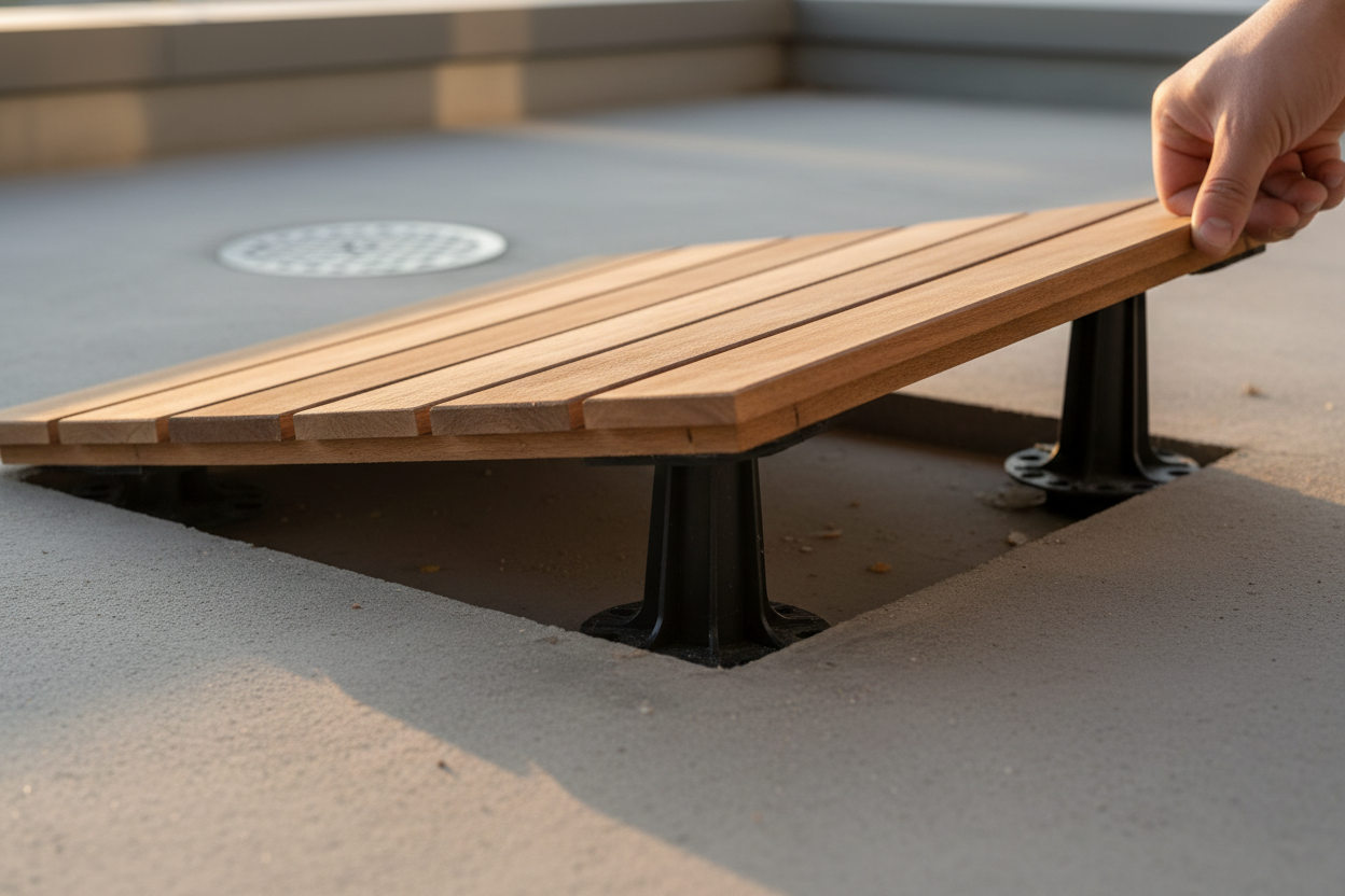 Espace de ventilation sous dalle bois clipsable sur balcon, laissant l'eau s'écouler librement vers la bonde.