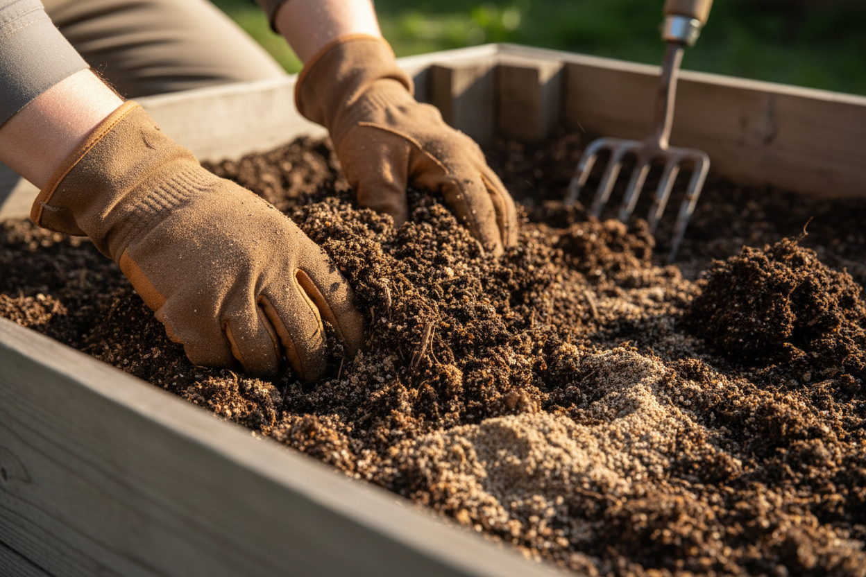 Mains gantées mélangeant du compost et du sable grossier dans une terre de jardin bien travaillée.