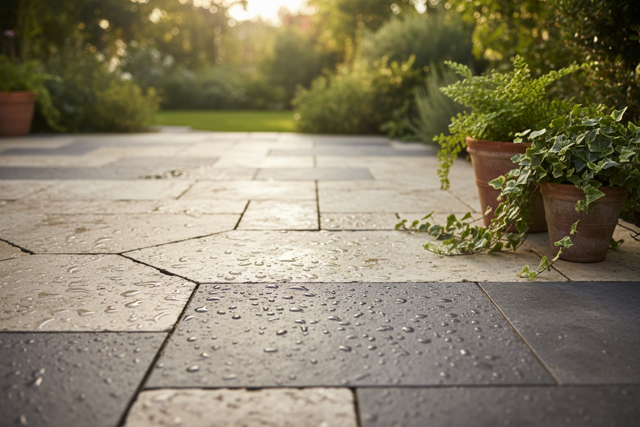 Terrasse en pierre naturelle et carrelage grès cérame antidérapant dans un jardin verdoyant et ensoleillé.