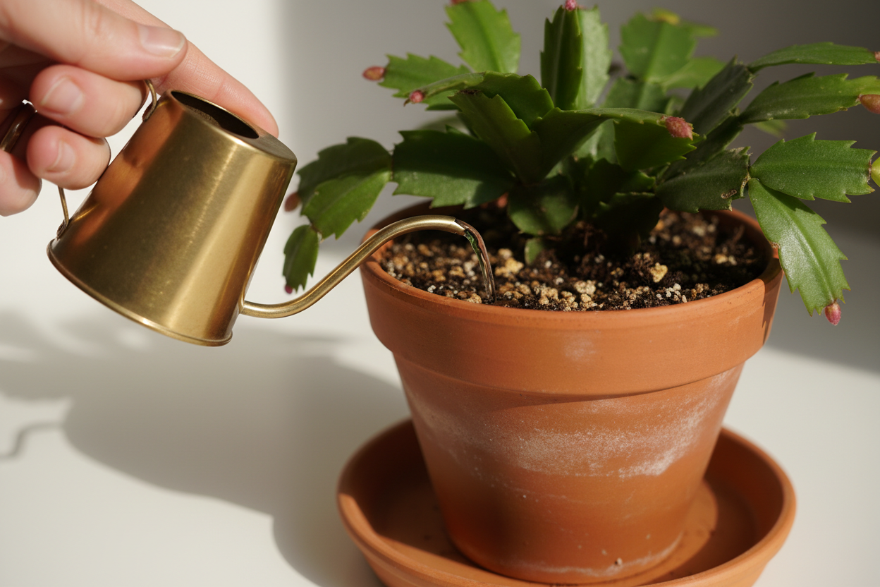 Main arrosant modérément un Schlumbergera en pot, avec une soucoupe vide visible sous le pot.