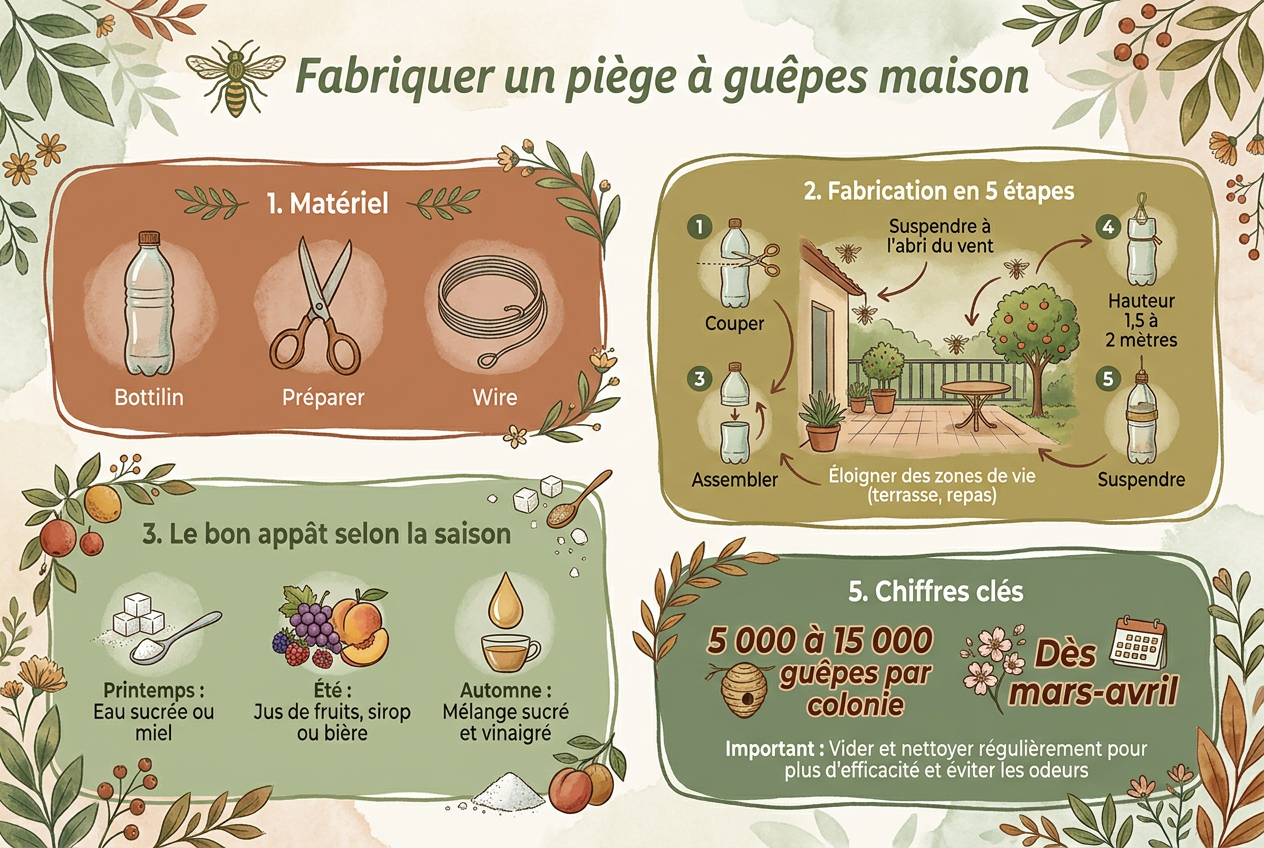 Infographie illustrée sur la fabrication d'un piège à guêpes maison avec étapes, appâts et chiffres clés.