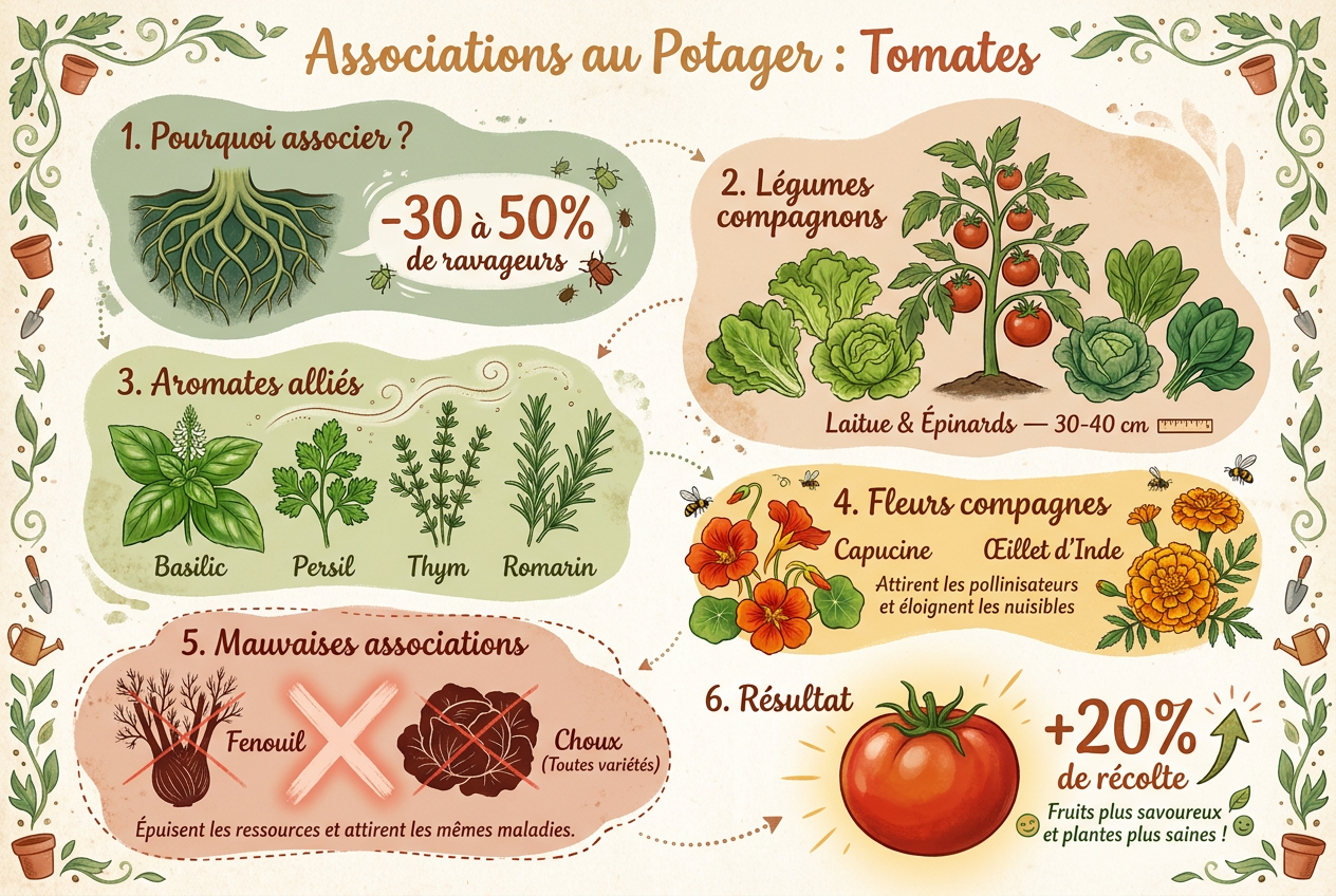 Infographie illustrée résumant les meilleures associations de légumes, aromates et fleurs compagnes avec les tomates au potager.