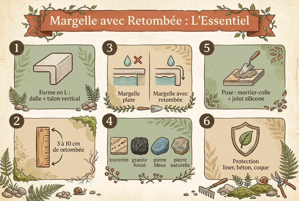 Infographie illustrant les points clés des margelles avec retombée : dimensions, matériaux, pose et protection du bassin.
