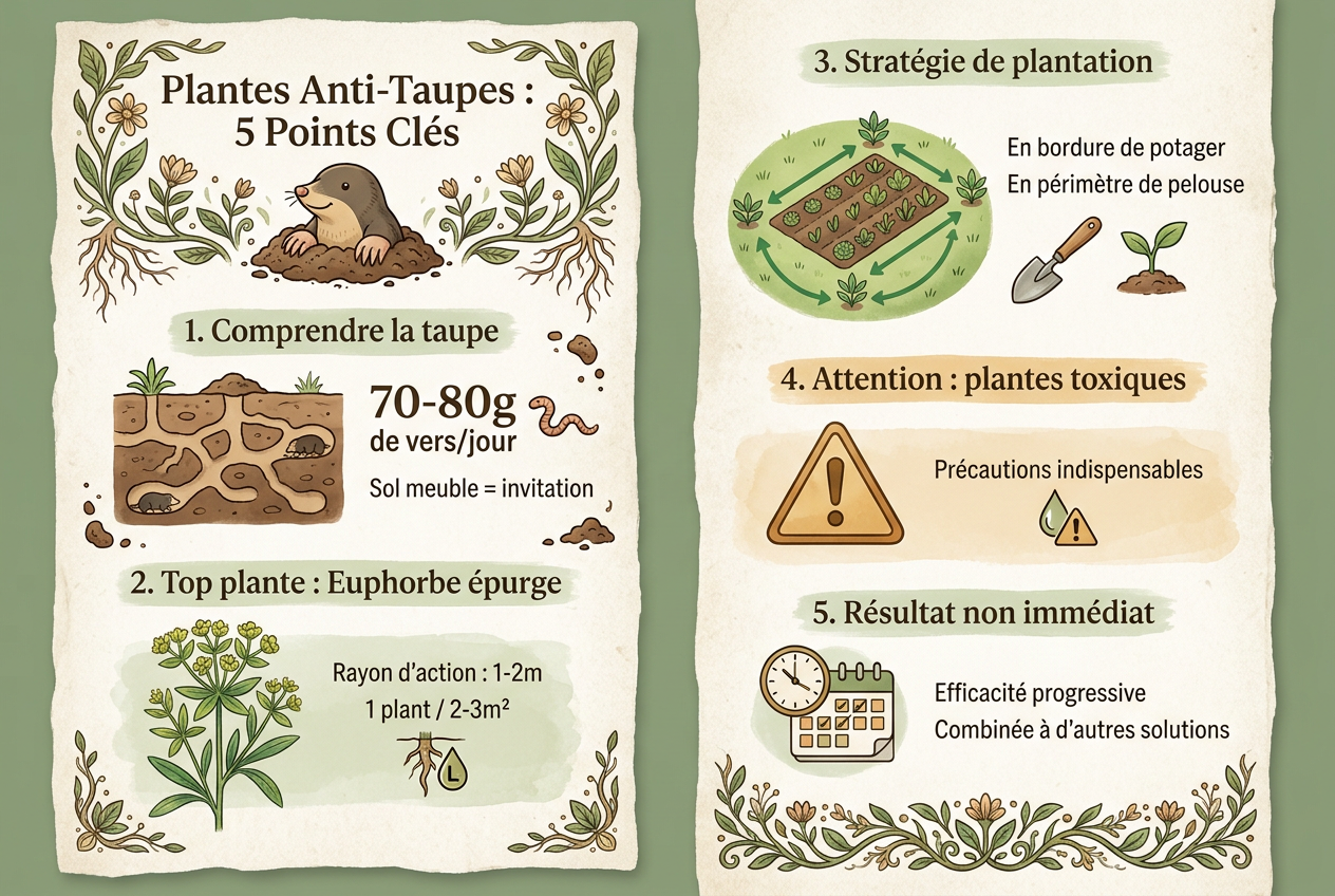 Infographie résumant les 5 points clés des plantes anti-taupes pour protéger naturellement son jardin.