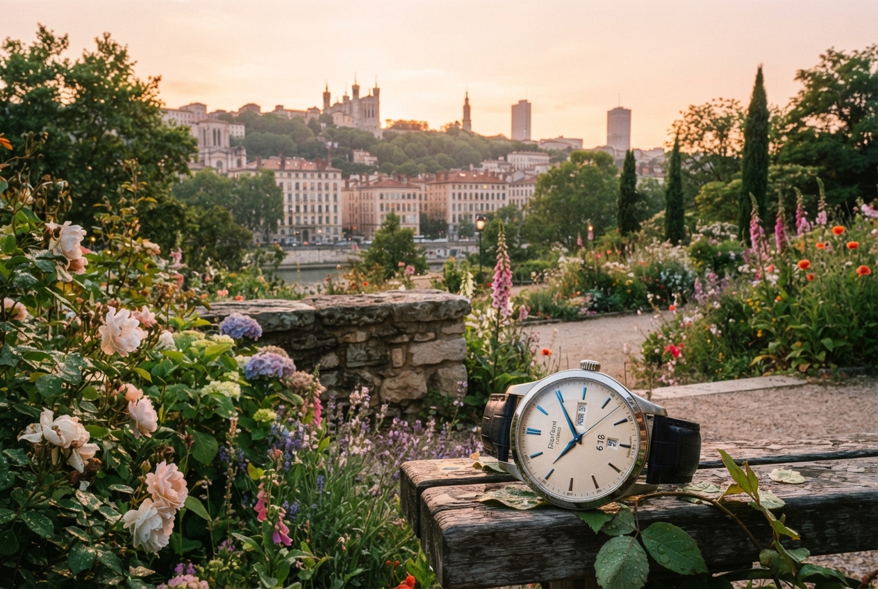 Un jardin au lever du soleil avec une montre indiquant l'heure et une ville française en arrière-plan.