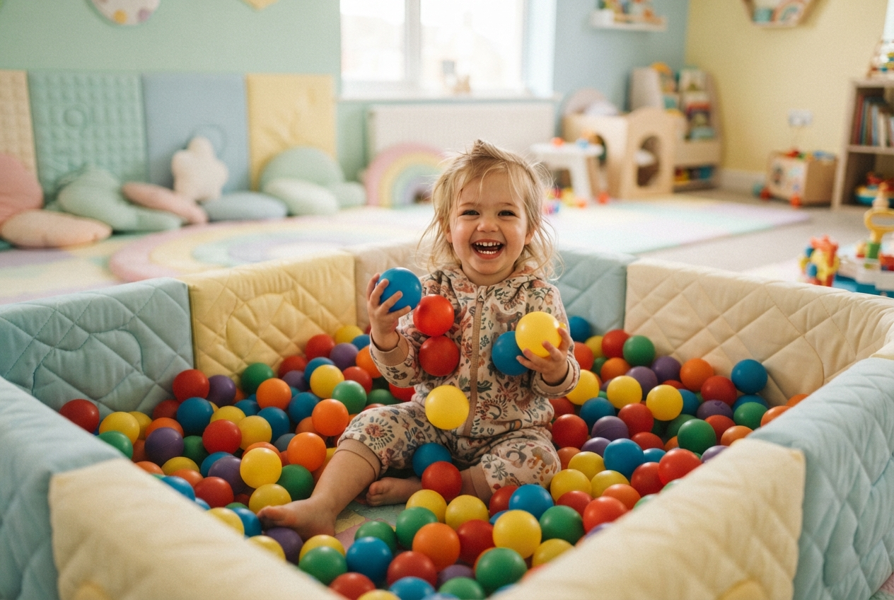 Enfant jouant joyeusement dans une piscine à balles colorées à l'intérieur.
