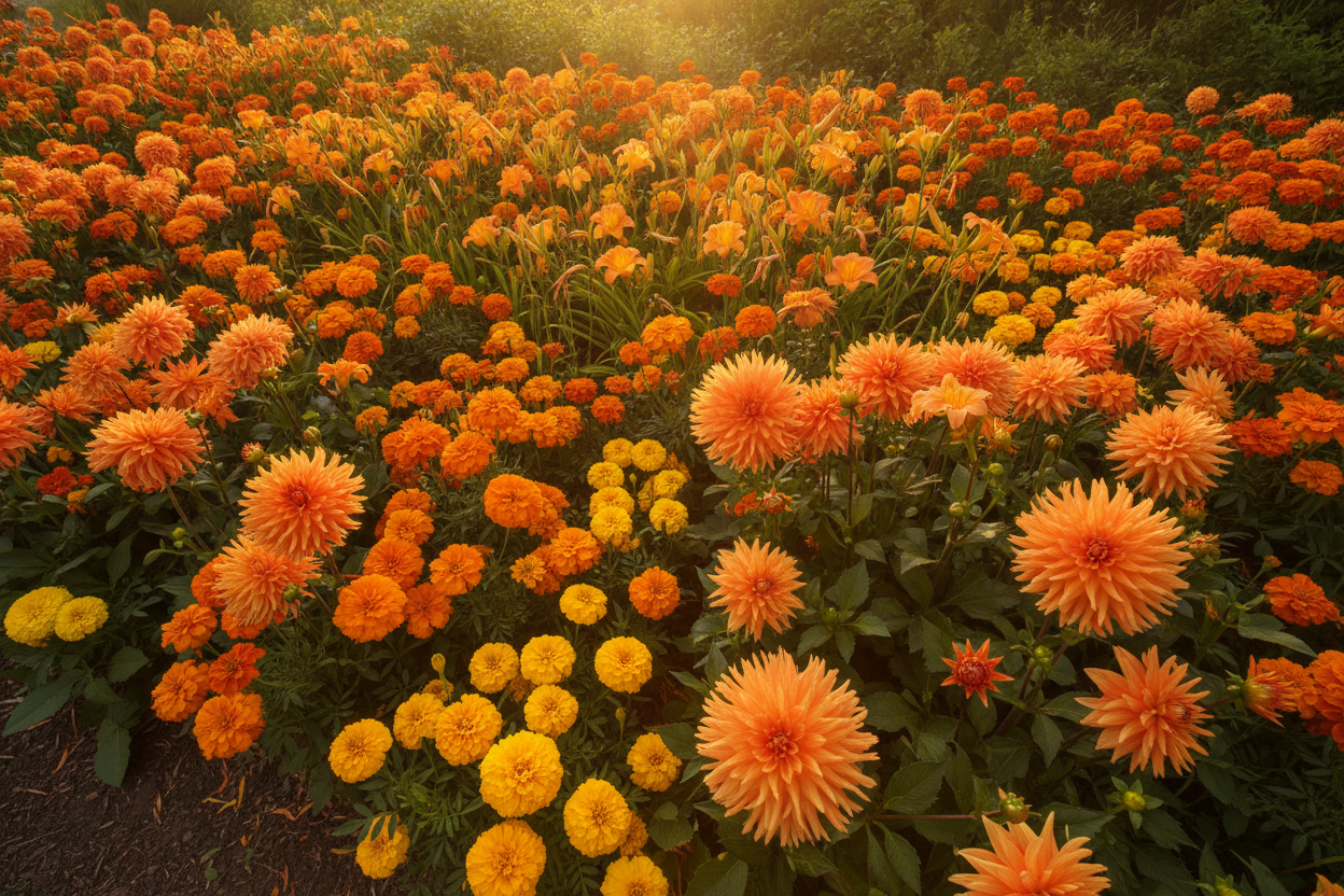 Massif de fleurs oranges vivaces et annuelles en pleine floraison dans un jardin naturel.