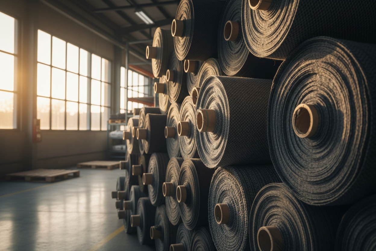 Rouleaux de tissus techniques de haute qualité empilés dans un atelier de production industrielle moderne et lumineux