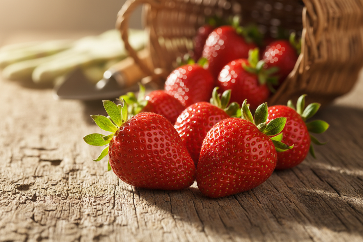 Fraises mûres rouges avec feuilles vertes sur surface en bois naturel, lumière douce.