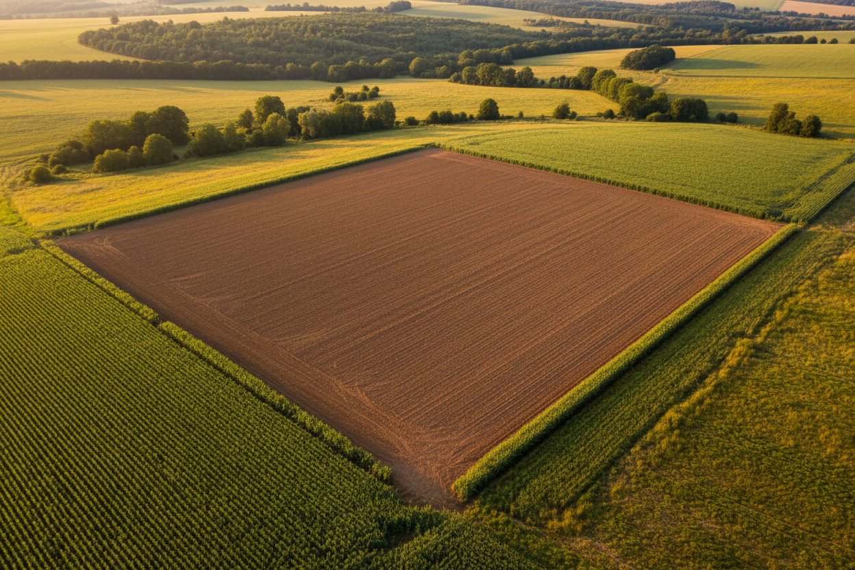 Vue aérienne d'un hectare de terrain agricole carré avec ses 100 mètres de côté.