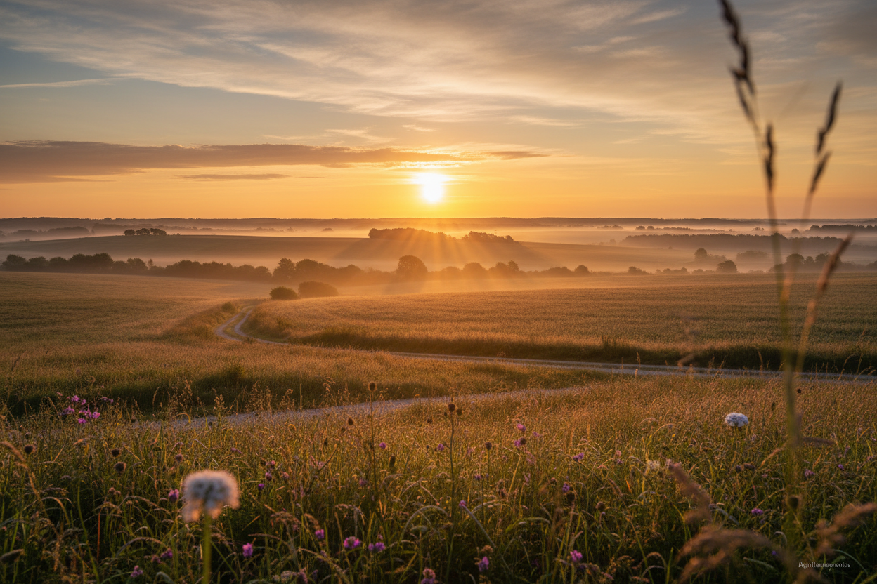 Lever du soleil doré sur le paysage français avec horizon illuminé de teintes orangées.