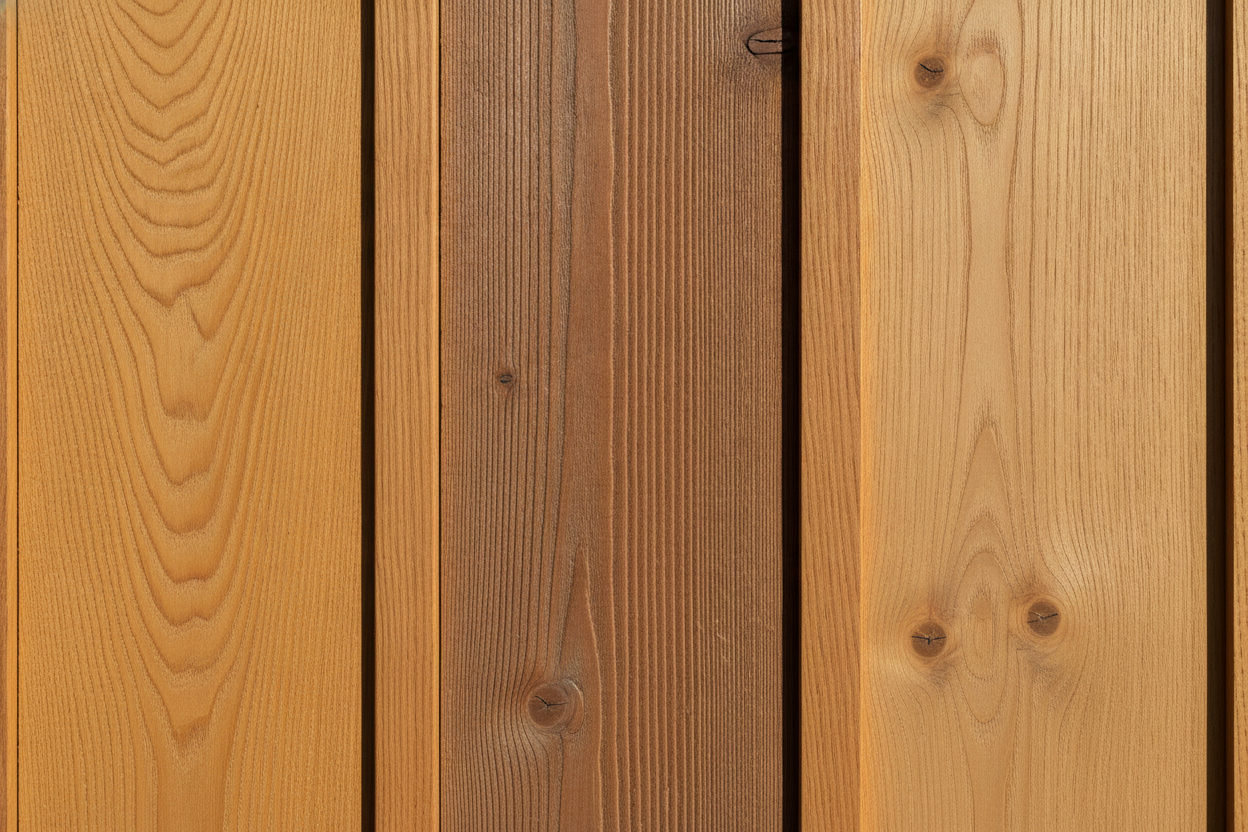Détail de murs en bois extérieur montrant différentes essences et textures de bois naturel.