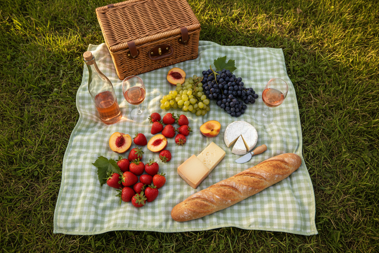 Vue d'ensemble d'un pique-nique convivial avec panier, fruits frais, fromage, pain et vin sur une couverture verte.