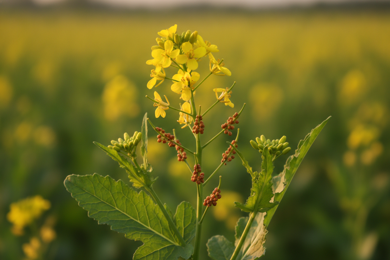 Plante de moutarde en fleur avec gousses et graines, photographiée dans un champ en lumière naturelle.