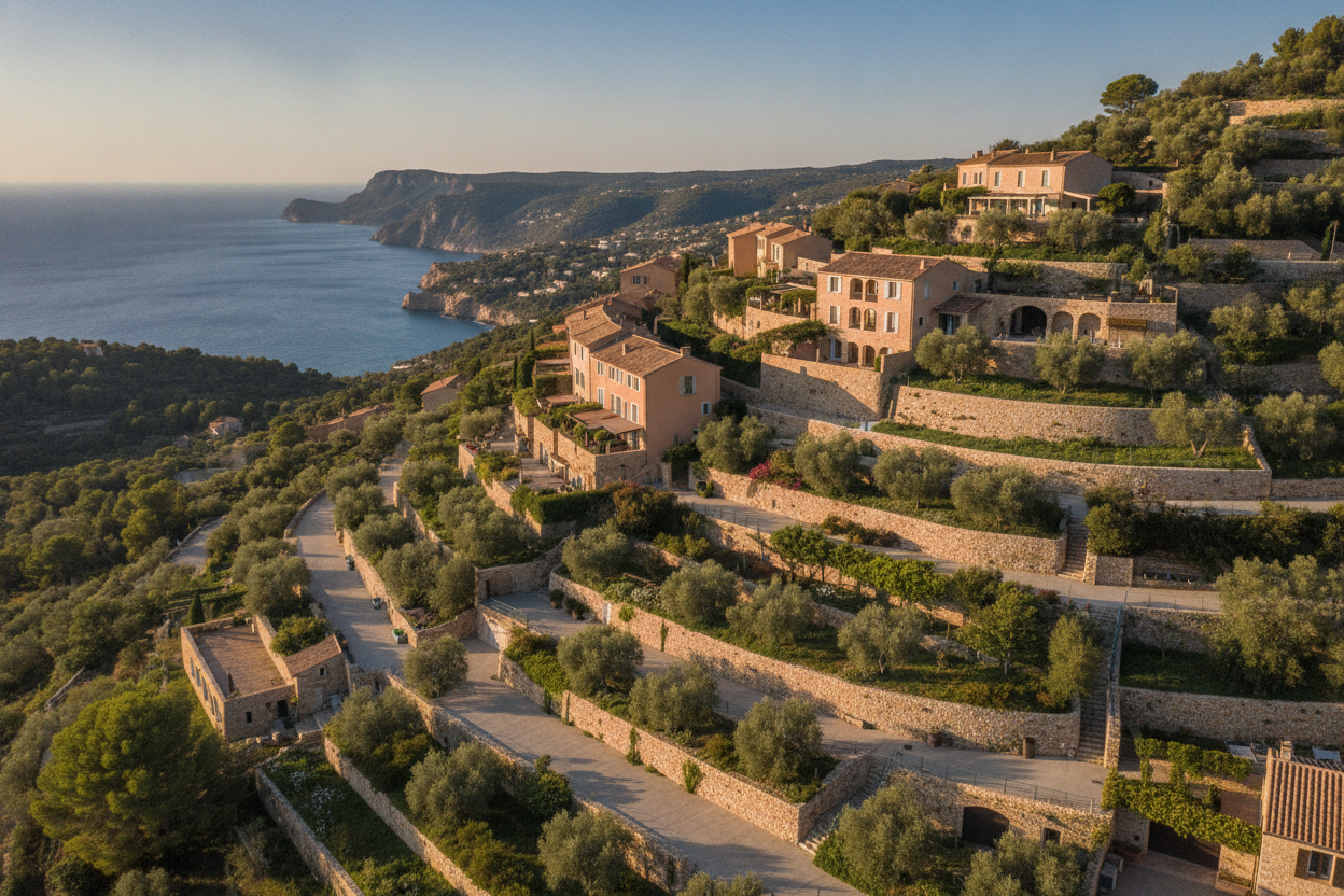Vue aérienne de restanques provençales : maisons en terrasses étagées intégrées au relief avec murs de pierre sèche et végétation méditerranéenne.