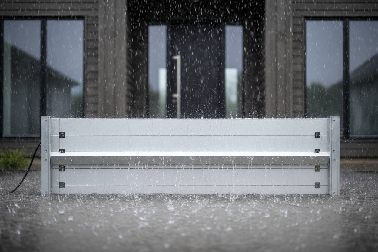 Barrière anti-crue en aluminium face à une montée d'eau lors d'une forte pluie devant une maison.