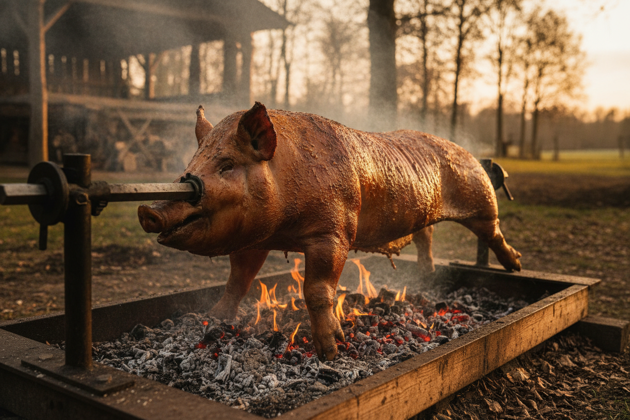 Cochon grillé entier sur broche motorisée au-dessus d'un feu de braise, peau dorée et croustillante.