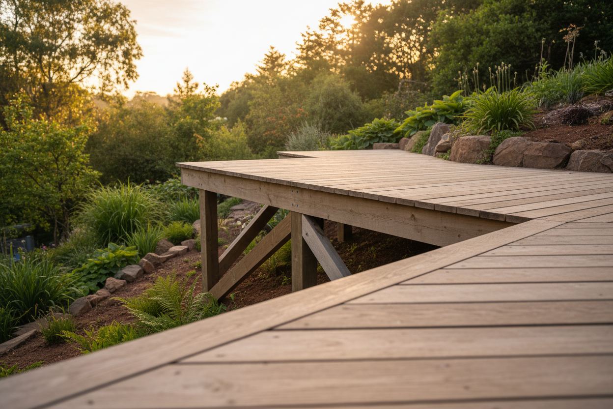 Terrasse en bois sur terrain en pente : méthodes, pentes et coûts en 2026